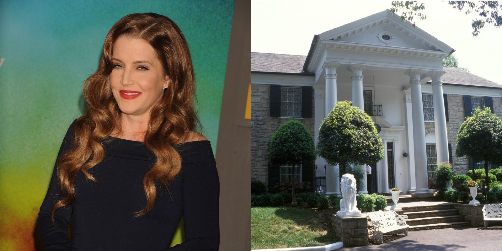 Lisa Marie Presley and a photo of Graceland mansion side by side.