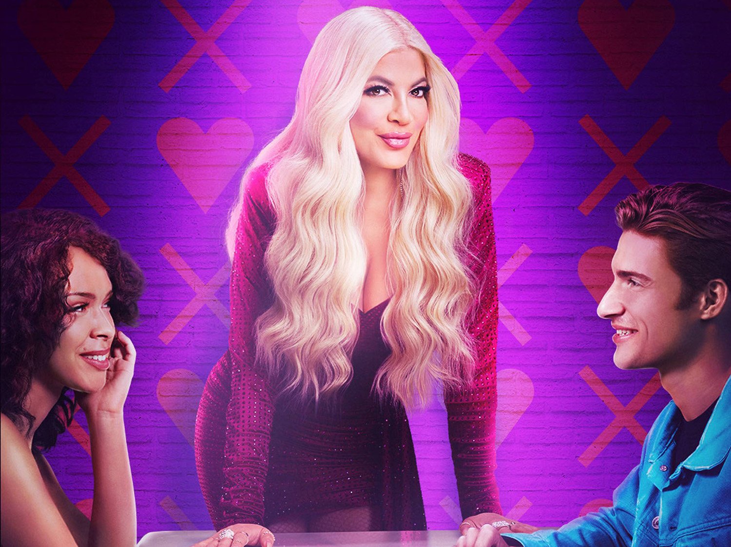 Tori Spelling stands between two contestants in Love at First Lie artwork ahead of the premiere date