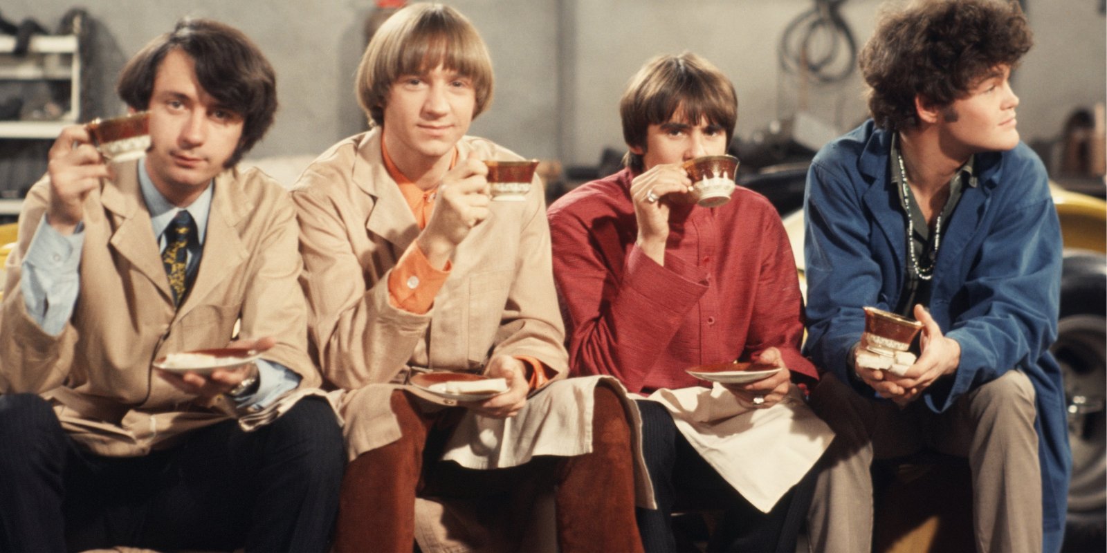 Mike Nesmith, Peter Tork, Davy Jones, and Micky Dolenz on the set of 'The Monkees.'
