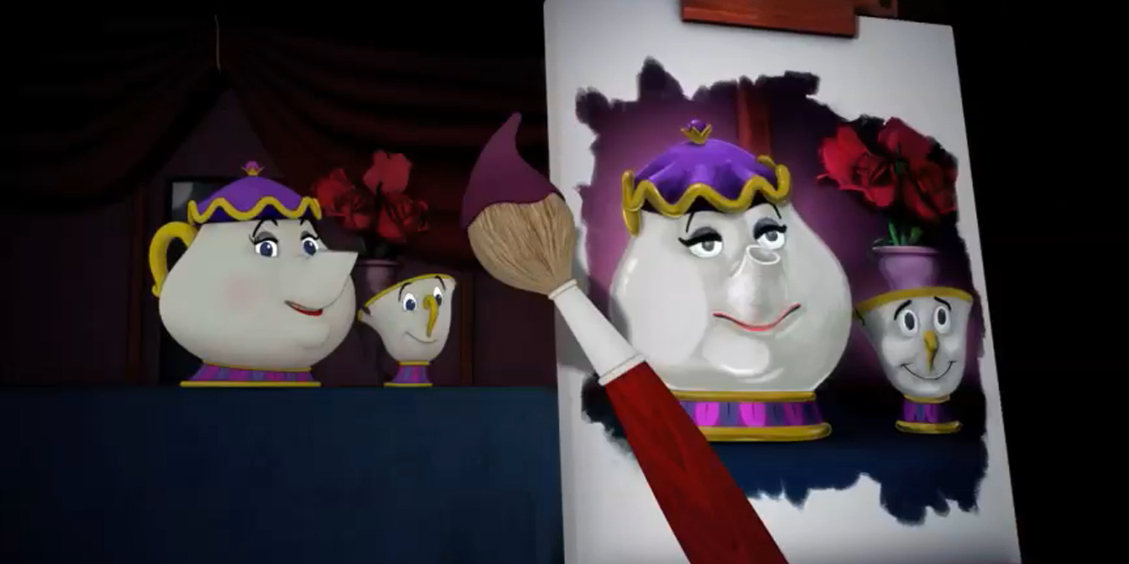 The characters of Mrs. Potts and Chip from Disney's animated film, 'Beauty and the Beast.'