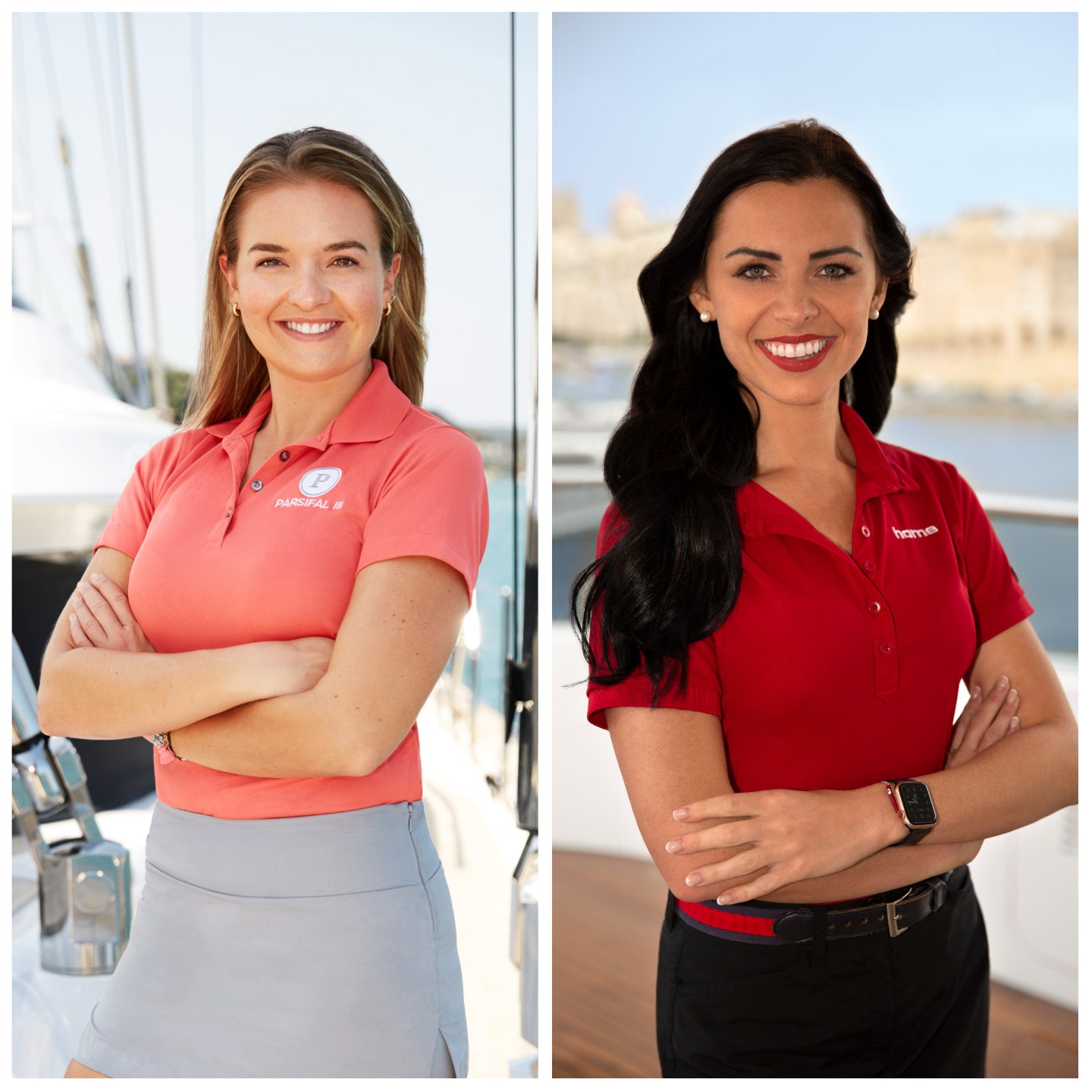 Daisy Kelliher from 'Below Deck Sailing Yacht' and Natasha Webb from 'Below Deck Med' cast photos with arms folded 