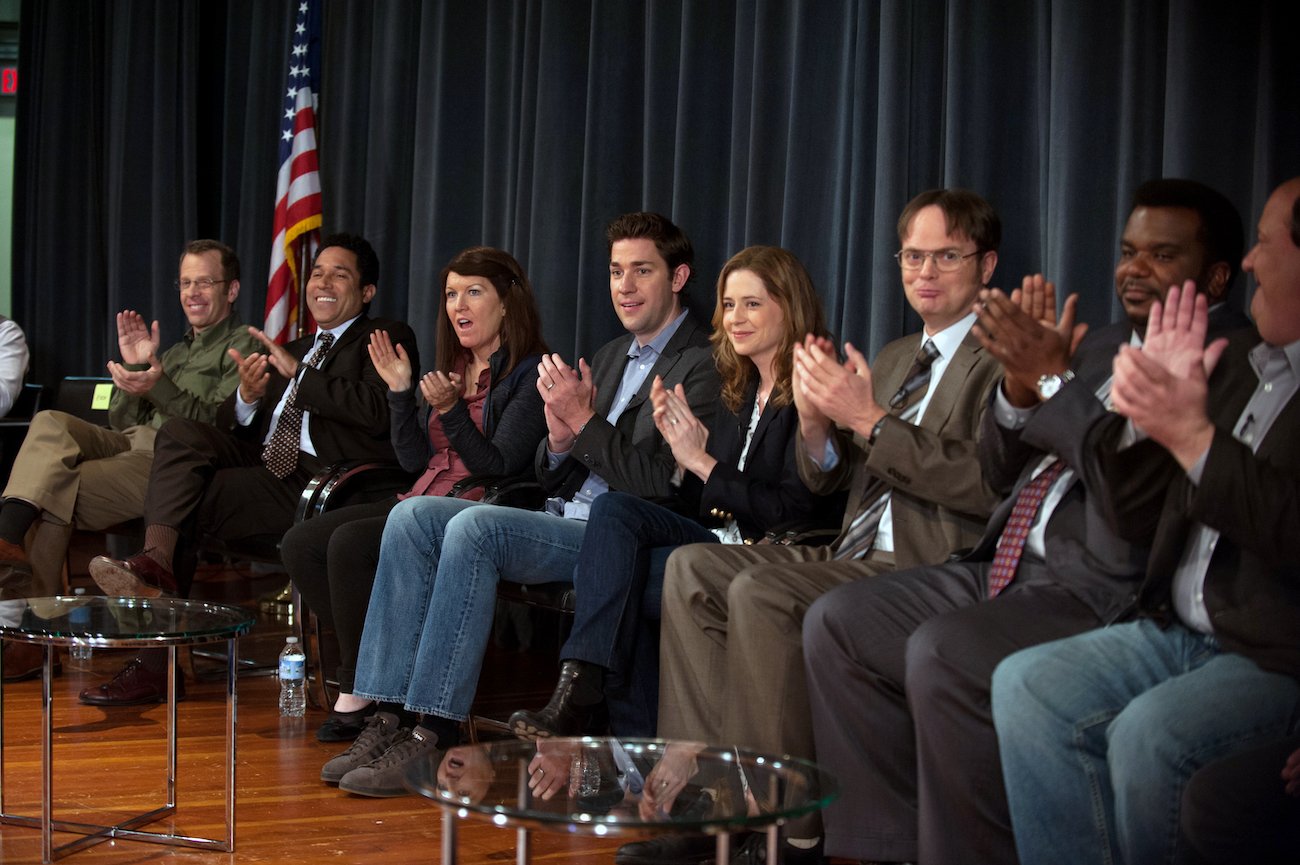 Jenna Fischer as Pam Beesly Halpert, Rainn Wilson as Dwight Schrute, Craig Robinson as Darryl Philbin, Brian Baumgartner as Kevin Malone, Ed Helms as Andy Bernard, Phyllis Smith as Phyllis Vance in the fictional reunion 'The Office' cast did in the final season of the show