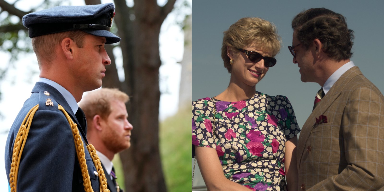 Princes Harry and William in a side by side photograph alongside 'The Crown' stars Elizabeth Debicki and Dominic West.