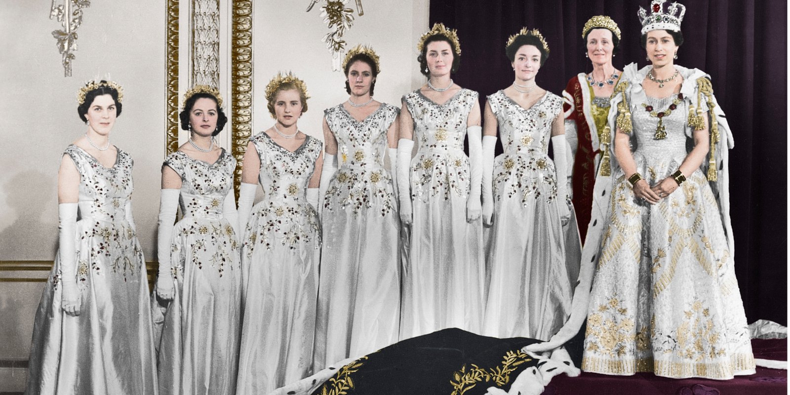 Queen Elizabeth and her maids of honor at her coronation ceremony in 1954.
