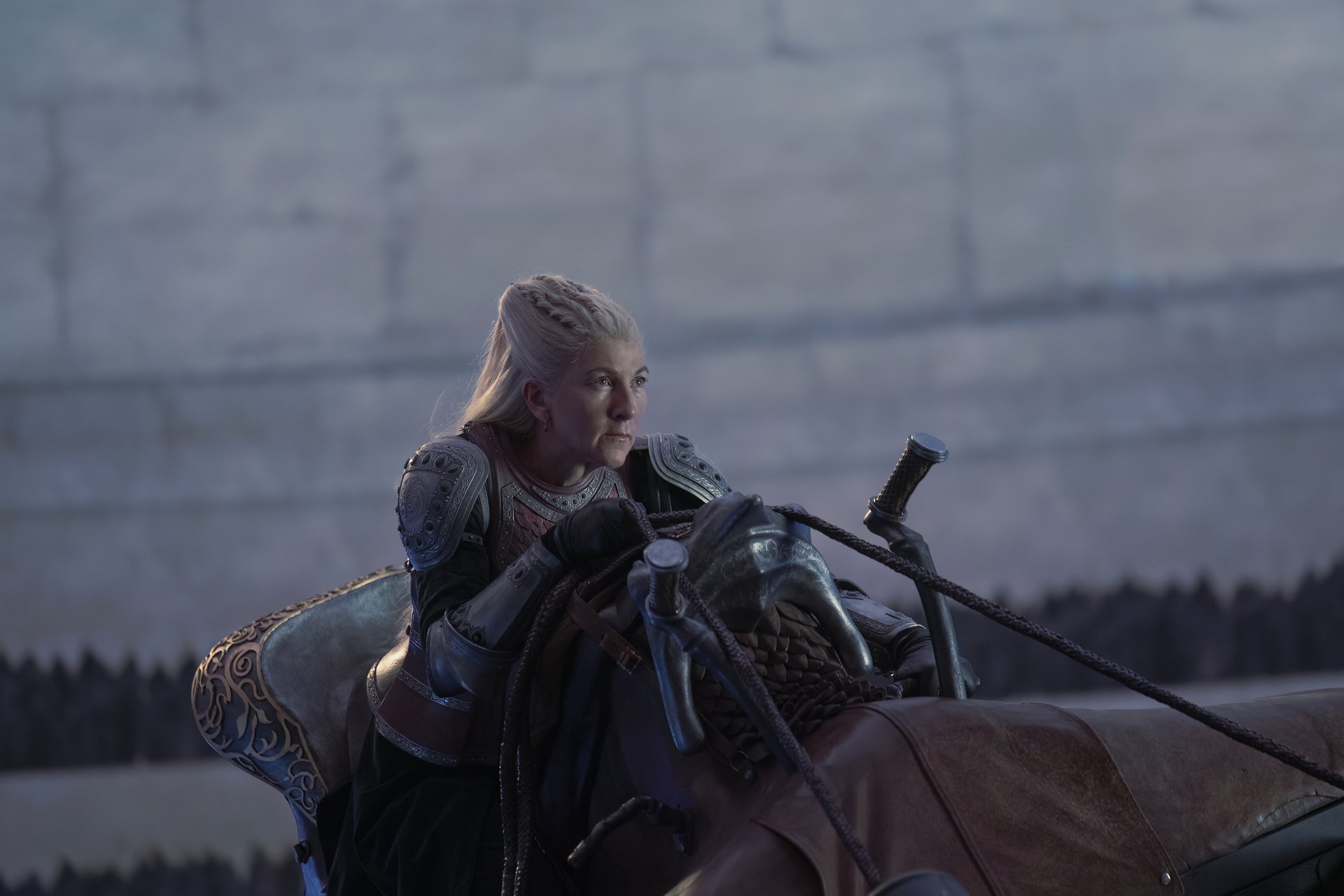 Rhaenys (Eve Best) on dragonback in 'House of the Dragon' Episode 9