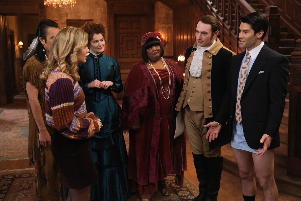 Rose McIver as Samantha, Romn Zaragoza as Sasappis, Rebecca Wisocky as Hetty, Danielle Pinnock as Alberta, Brandon Scott Jones as Isaac and Asher Grodman as Trevor in 'Ghosts'