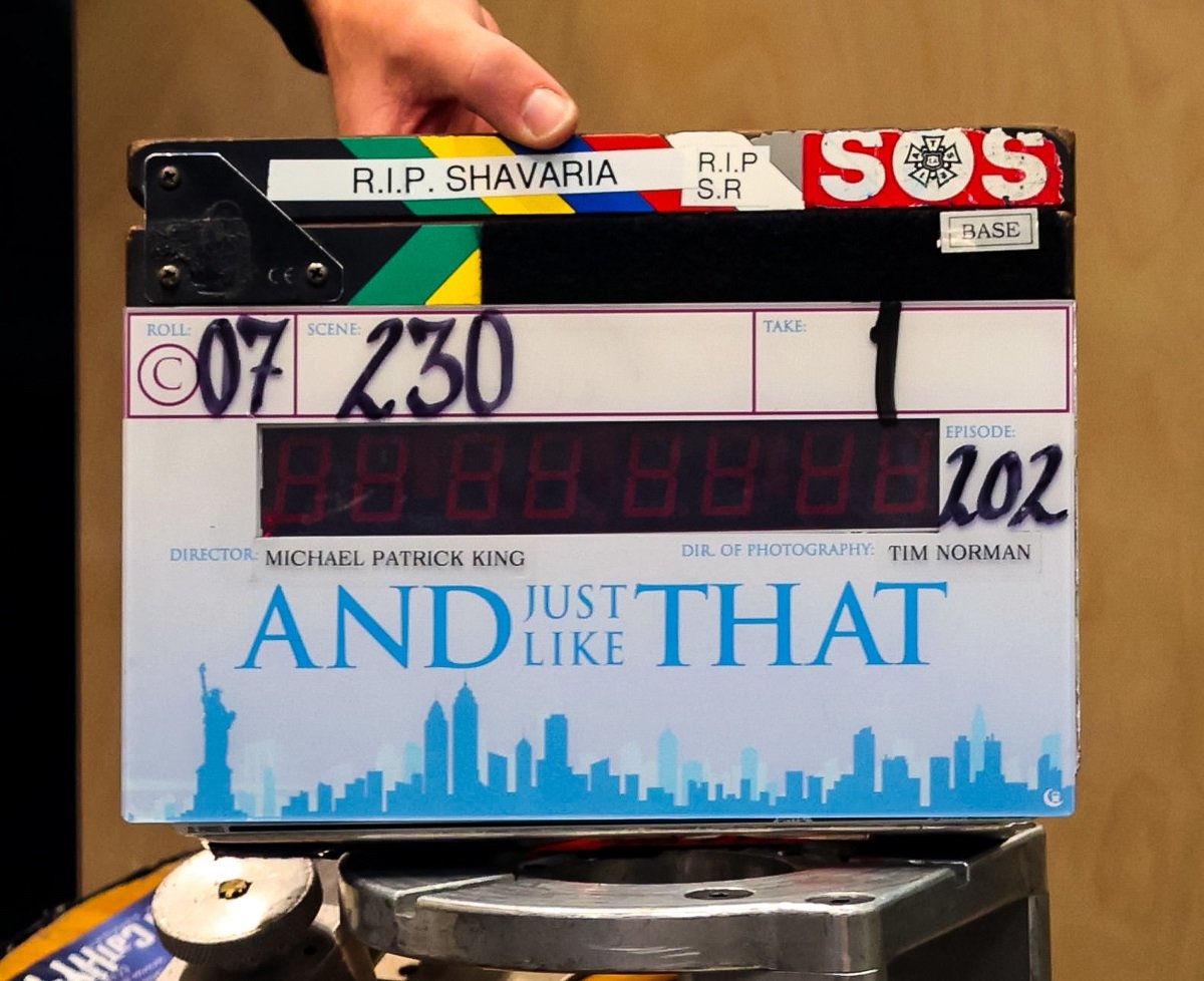A slate is seen on the set of 'And Just Like That' season 2 on October 05, 2022