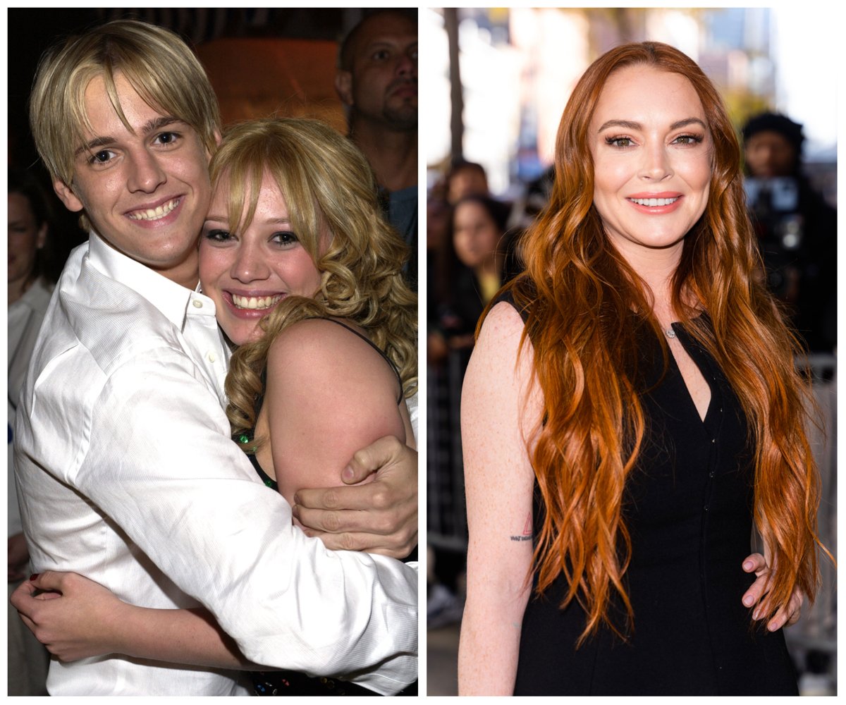 A photo Aaron Carter hugging Hilary Duff next to a photo of Lindsay Lohan.