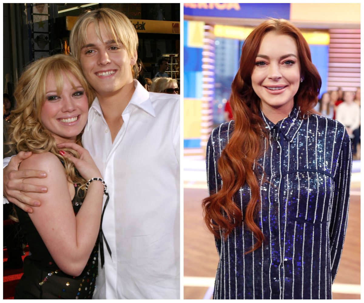 A photo of Hilary Duff and Aaron Carter hugging next to a photo of Lindsay Lohan, who were all once involved in a love triangle.