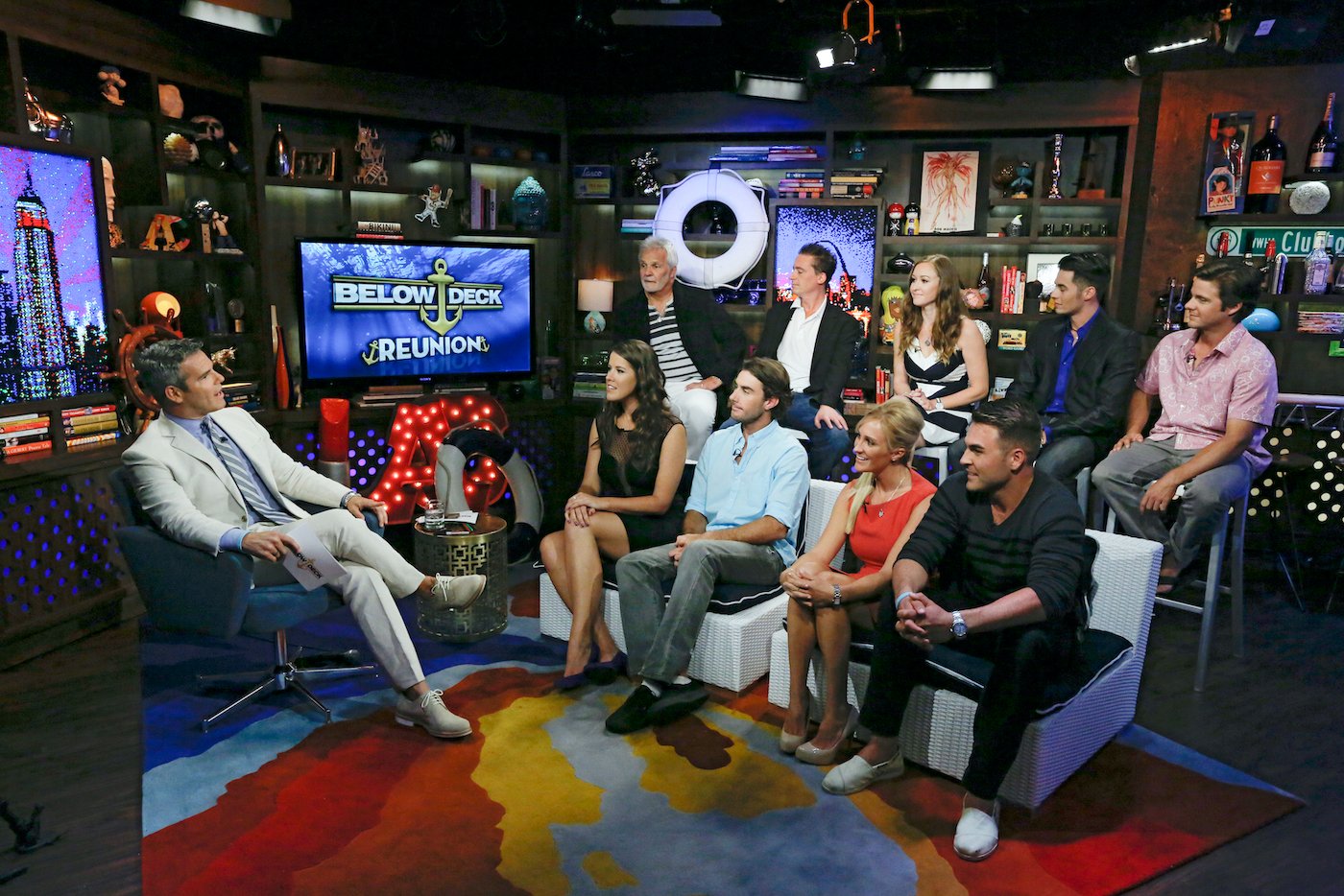 Andy Cohen hosted the 'Below Deck' Season 1 crew, which included Samantha Orme, Captain Lee Rosbach, C.J. LeBeau, Ben Robinson, Kat Held, Adrienne Gang, Aleks Taldykin, David Bradberry, Eddie Lucas