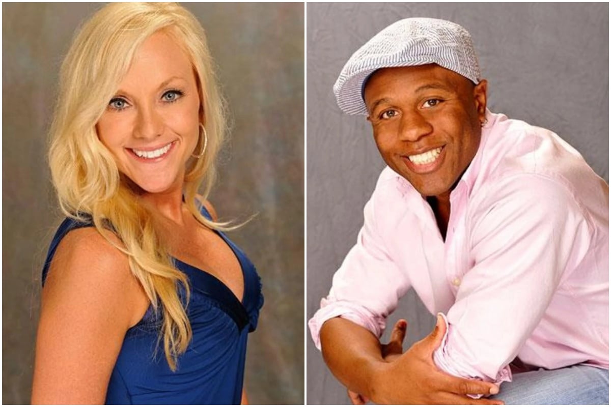 April Dowling and Bryan Ollie, who starred in 'Big Brother 10' on CBS, posed for individual promotional pictures. April wears a blue tank top. Ollie wears a light pink button-up shirt, jeans, and a striped hat.