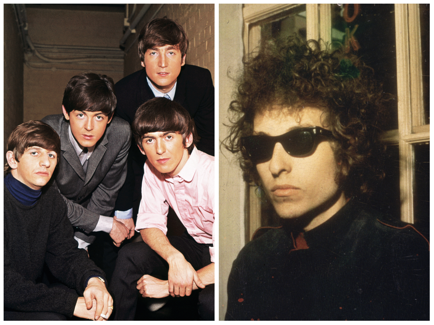 The Beatles pose together, leaning forward toward the camera. Bob Dylan wears sunglasses and stands by a window.