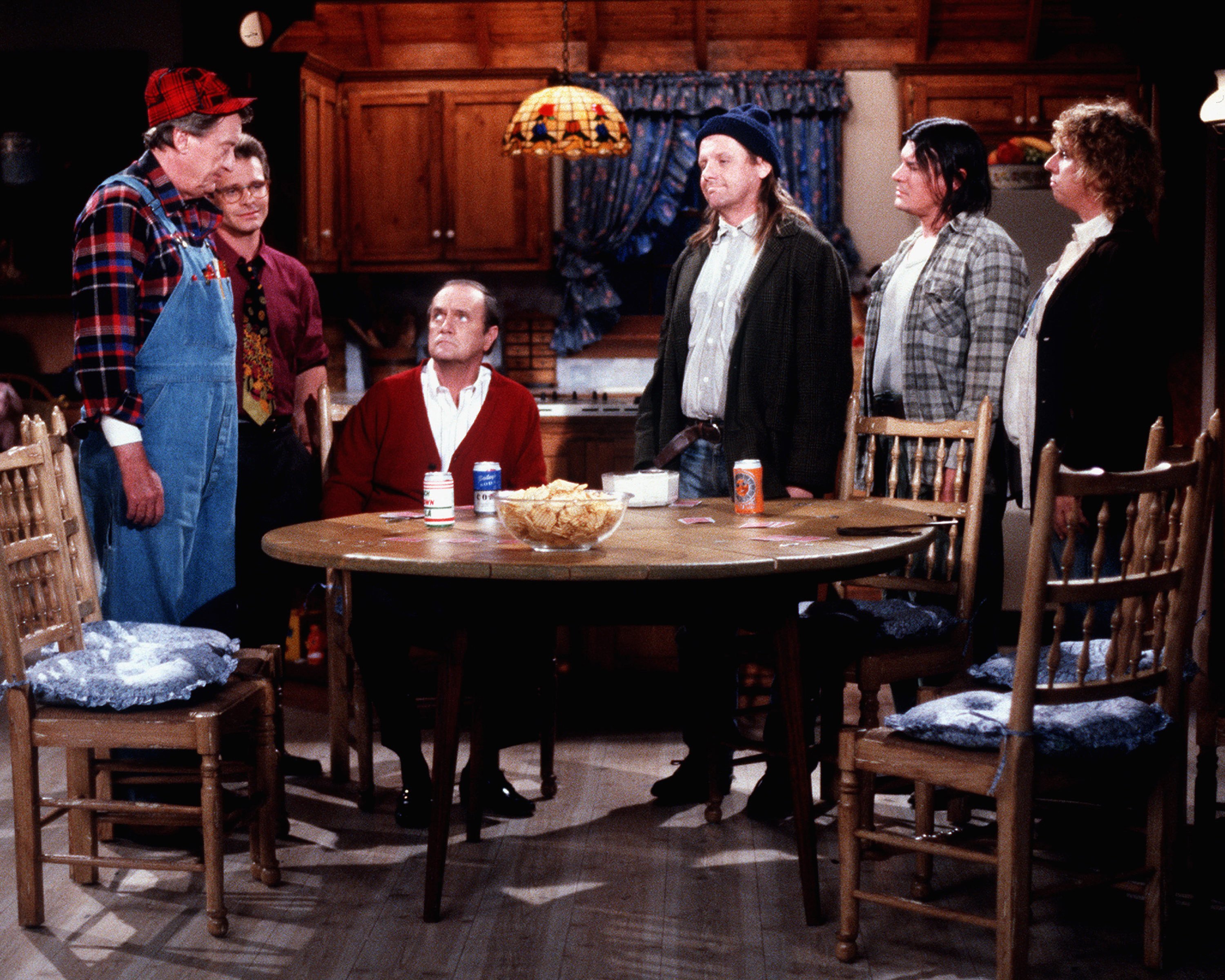 Tom Poston,Peter Scolari, Bob Newhart, Peter Scolari, William Sanderson, Tony Papenfuss and John Voldstad in 'Newhart' 