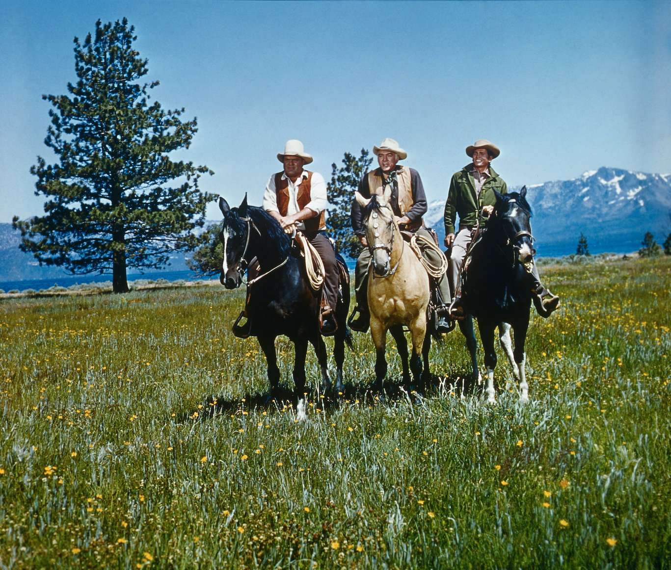 Michael Landon, Lorne Greene, and Dan Blocker on horseback in a field in 'Bonanza'