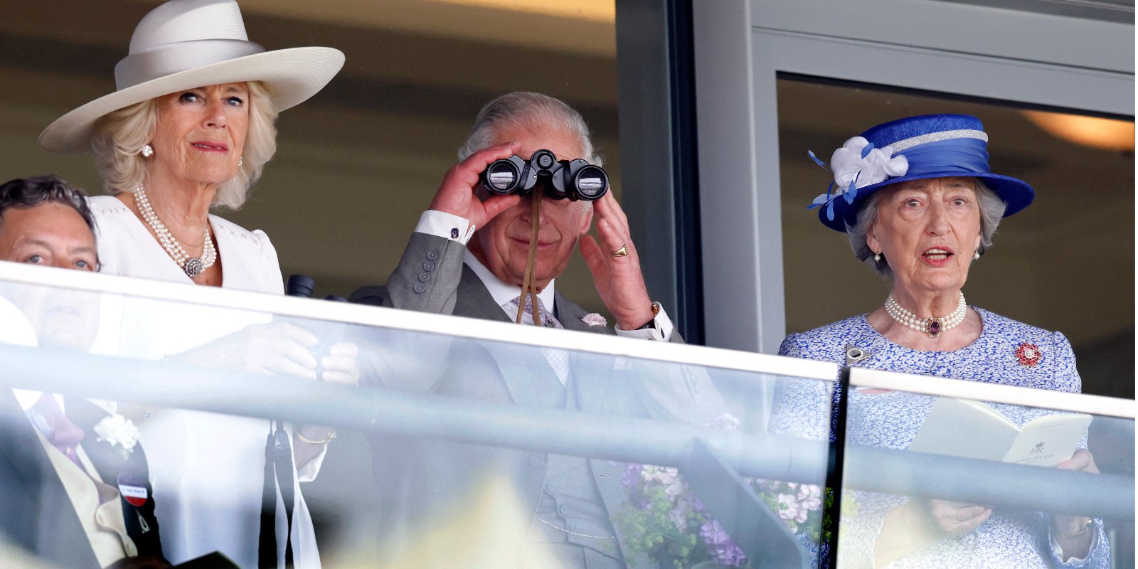 Camilla Parker Bowles, King Charles III and Lady Susan Hussey (Lady-in-waiting to Queen Elizabeth II) watch the racing as they attend day 2 of Royal Ascot at Ascot Racecourse on June 15, 2022.