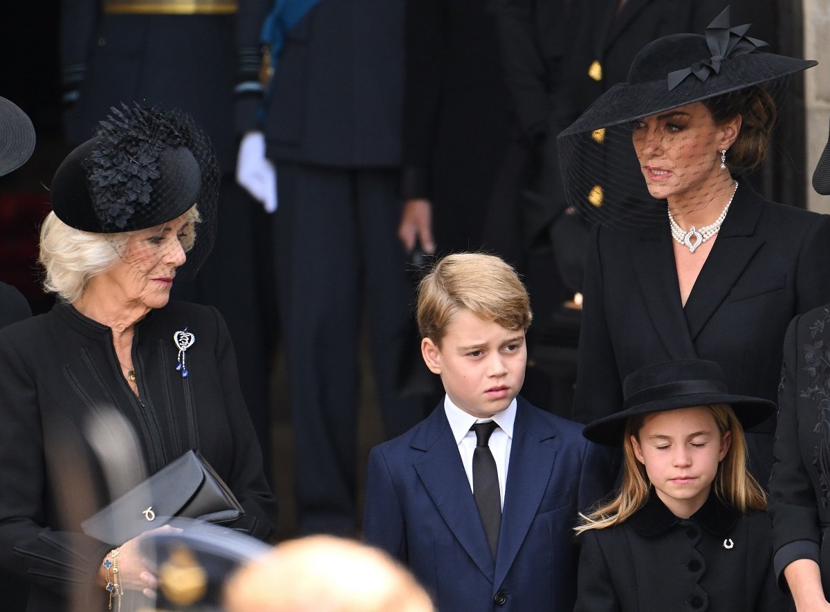 Camilla Parker Bowles, Prince George, Princess Charlotte, and Kate Middleton during Queen Elizabeth II's funeral at Westminster Abbey