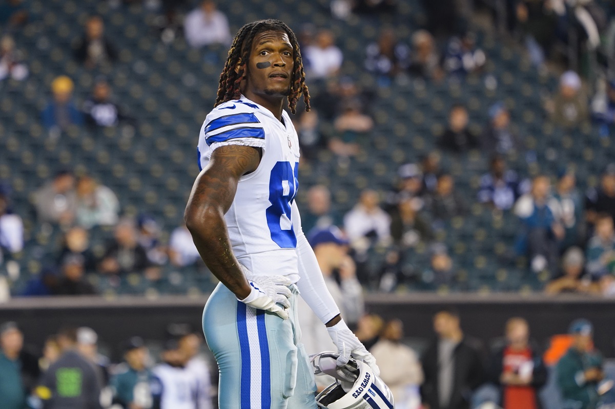 CeeDee Lamb, who went viral during the 2020 draft with Crymson Rose, of the Dallas Cowboys on the field ahead of a game against the Philadelphia Eagles