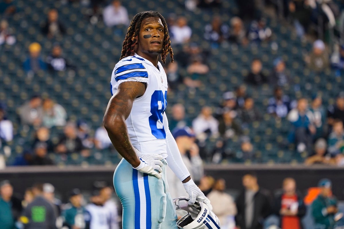 CeeDee Lamb, whose went viral during 2020 draft with Crymson Rose, of the Dallas Cowboys on the field prior to a game against the Philadelphia Eagles