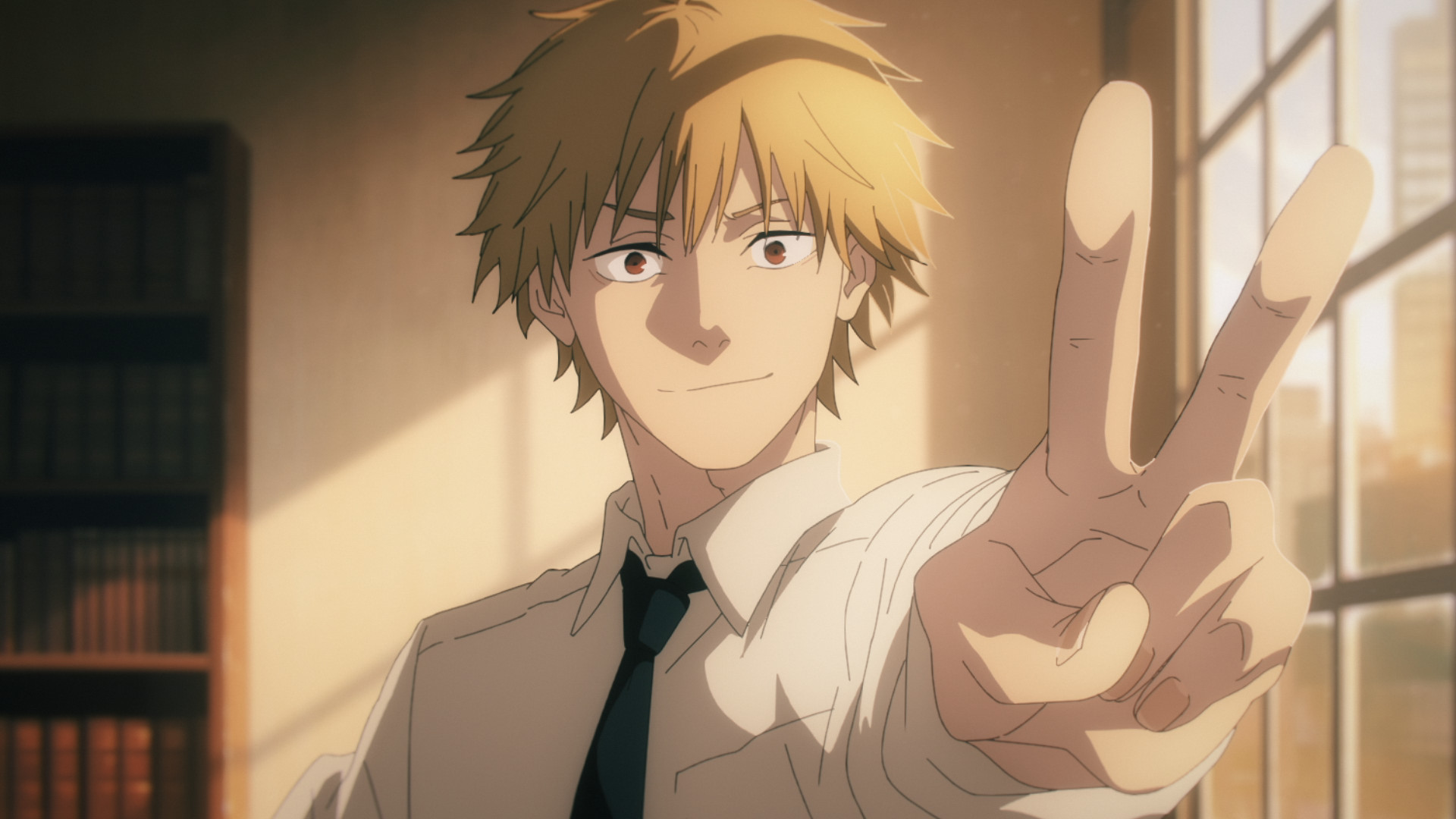 Denji in 'Chainsaw Man' for our article about episode 8. He's wearing a white shirt, black tie, and putting up a peace sign.