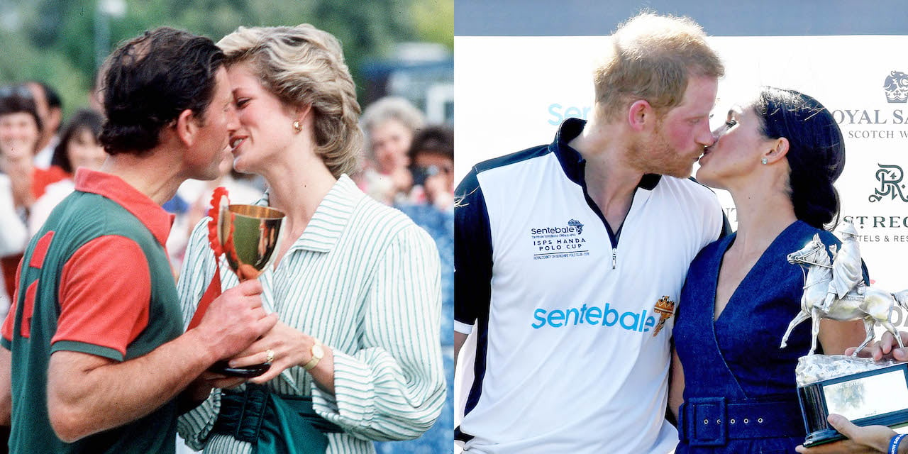 (L) King Charles III and Princess Diana kiss during a polo event at the Guards Polo Club on June 29, 1985, in England. (R) Prince Harry and Meghan Markle kiss during a Sentebale ISPS Handa polo event at the Royal County of Berkshire Polo Club on July 26, 2018, in Windsor, England.