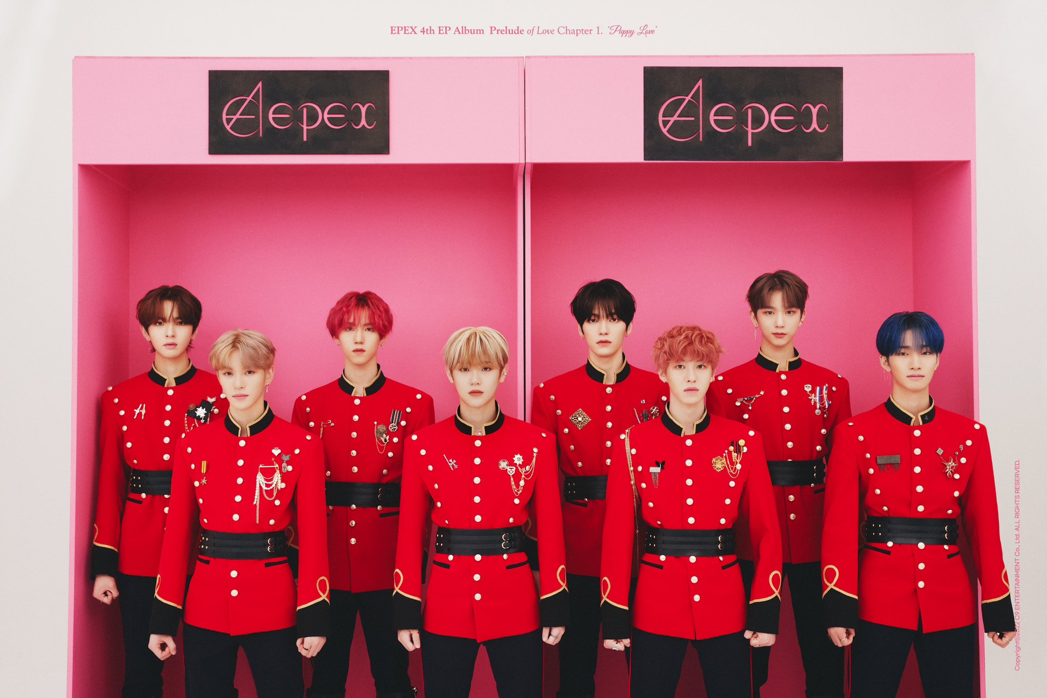 The members of EPEX wear read uniforms in front of a pink background