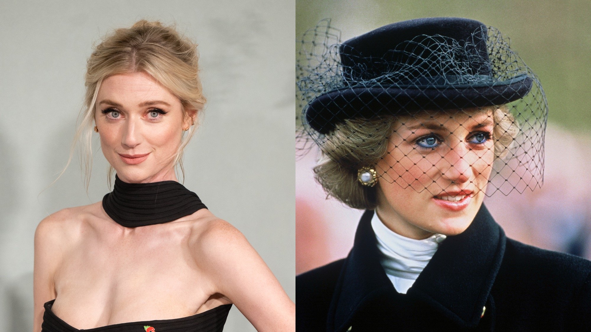 (L) Elizabeth Debicki attends "The Crown" Season 5 World Premiere in 2022. (R) Princess Diana dressed in black in 1988.