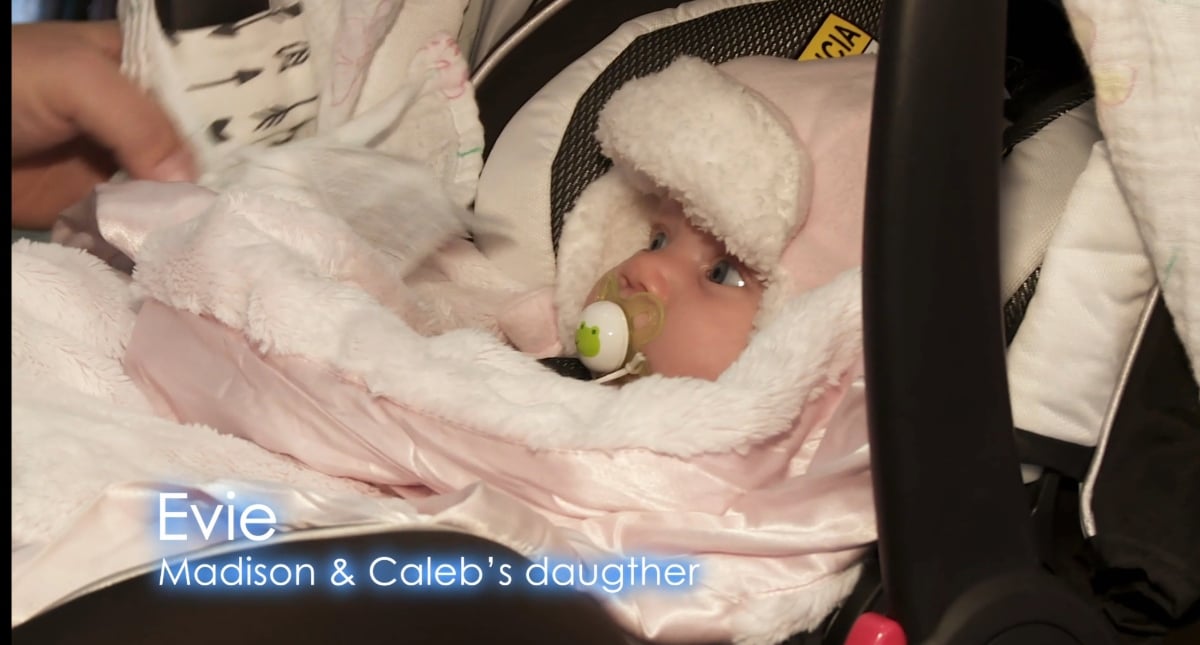 Madison and Caleb Brush's daughter, Evangalynn 'Evie' Brush in a car seat on 'Sister Wives' Season 15 on TLC.