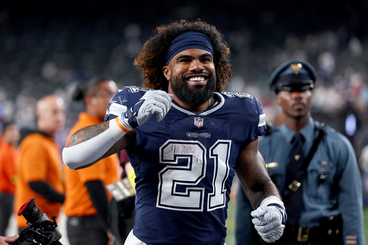 Ezekiel Elliott of the Dallas Cowboys celebrates on the field after defeating the New York Giants