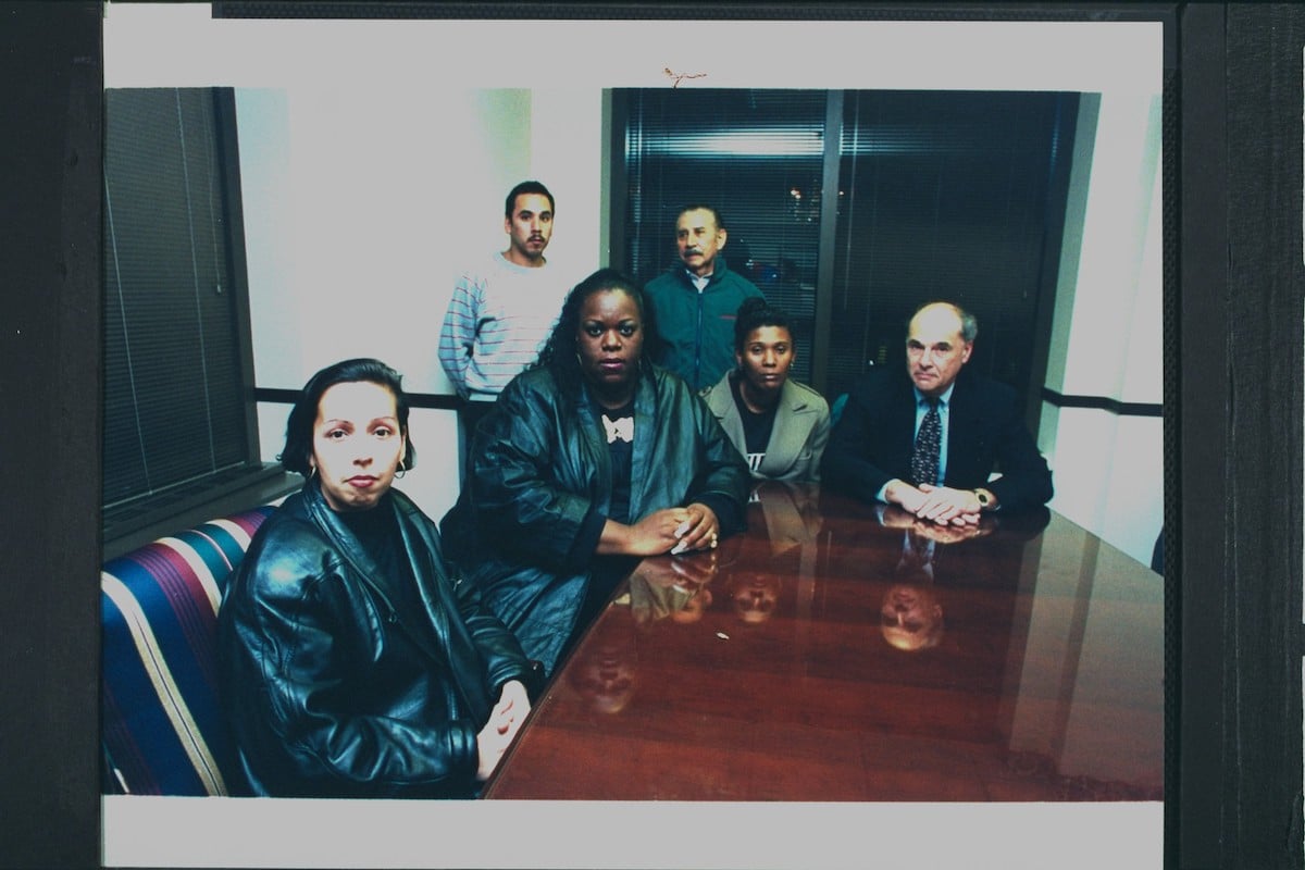 Lawyer Thomas Jacobson (R) sits with the family members of Jeffrey Dahmer's victims: (L-R) Janie Hagen, Rey Guerrero, Caroline Smith, Pablo Guerrero, and Rita Isbell