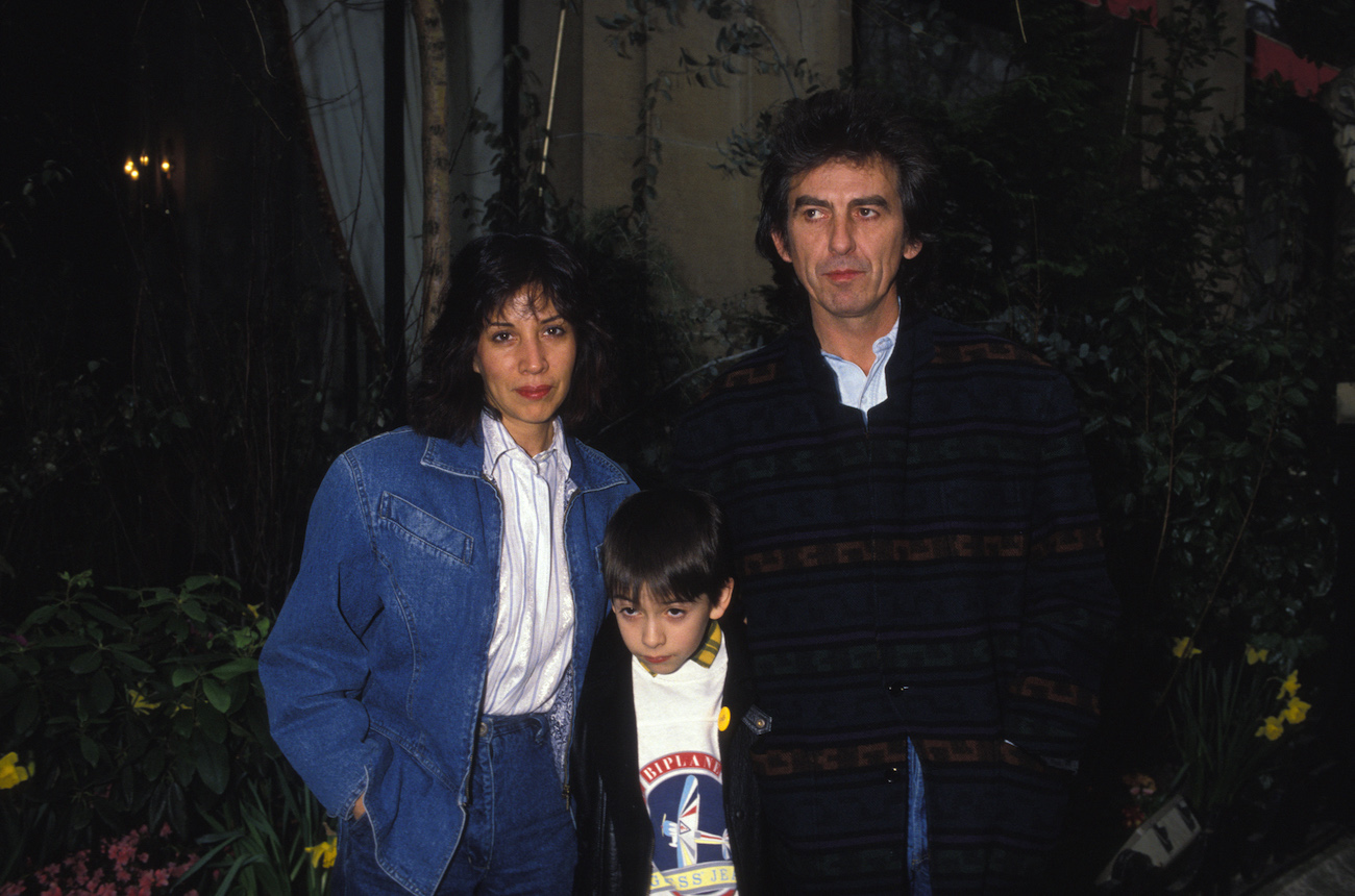 George Harrison with his wife, Olivia, and their son, Dhani, in Paris, France, 1988.