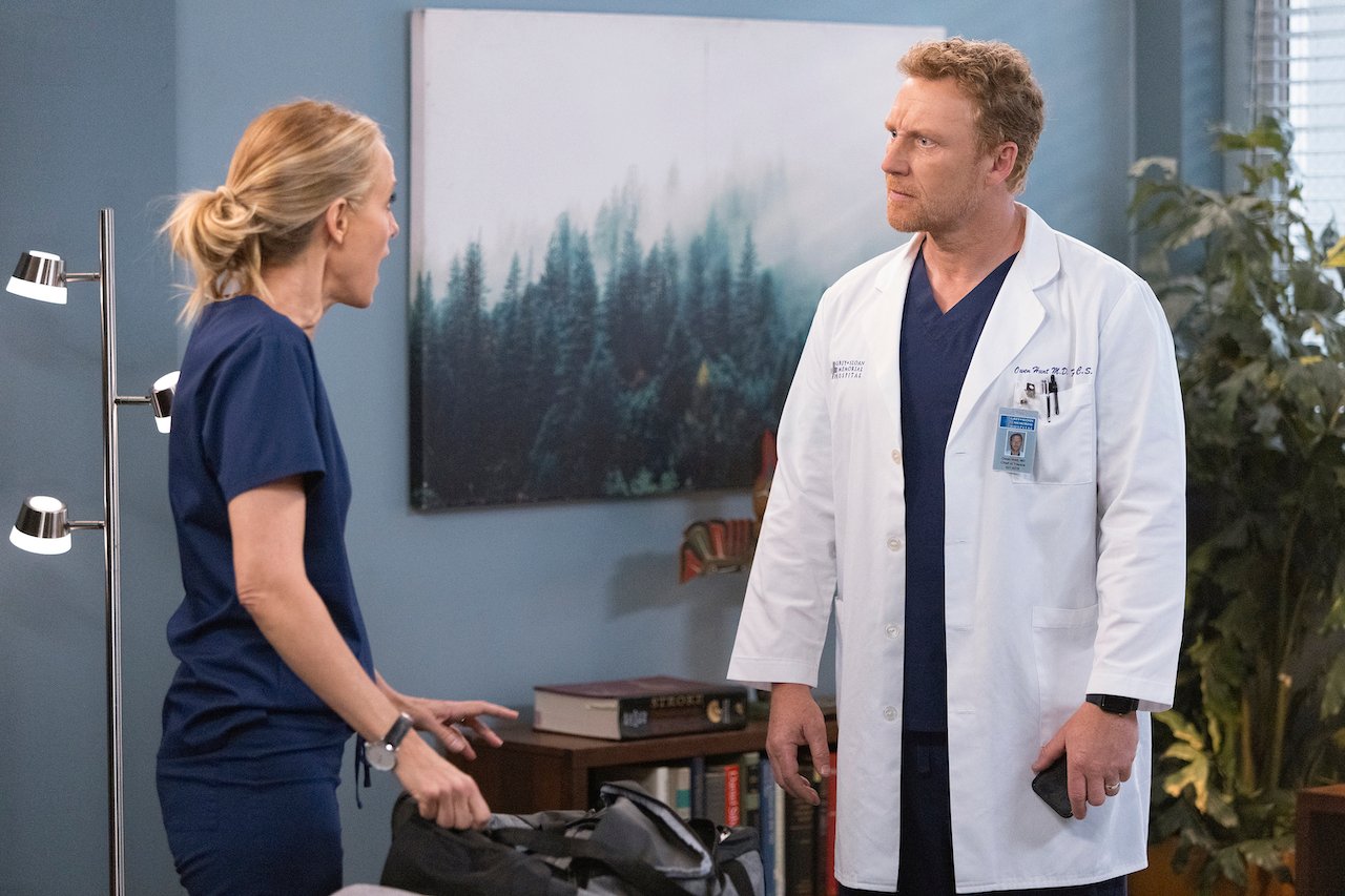 Kim Raver as Teddy Altman and Kevin McKidd as Owent Hunt are in a heated argument in an office on 'Grey's Anatomy'.