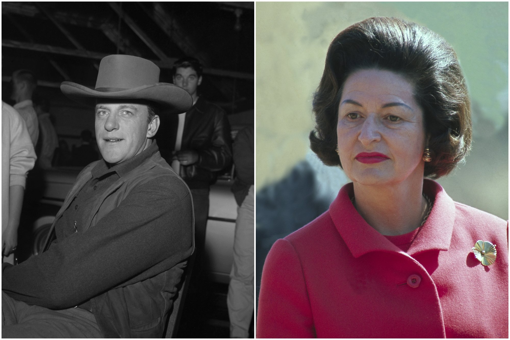 'Gunsmoke' James Arness and Lady Bird Johnson. Arness posing in a black-and-white photo wearing a cowboy hat. Johnson wearing a red peacoat and red lipstick.