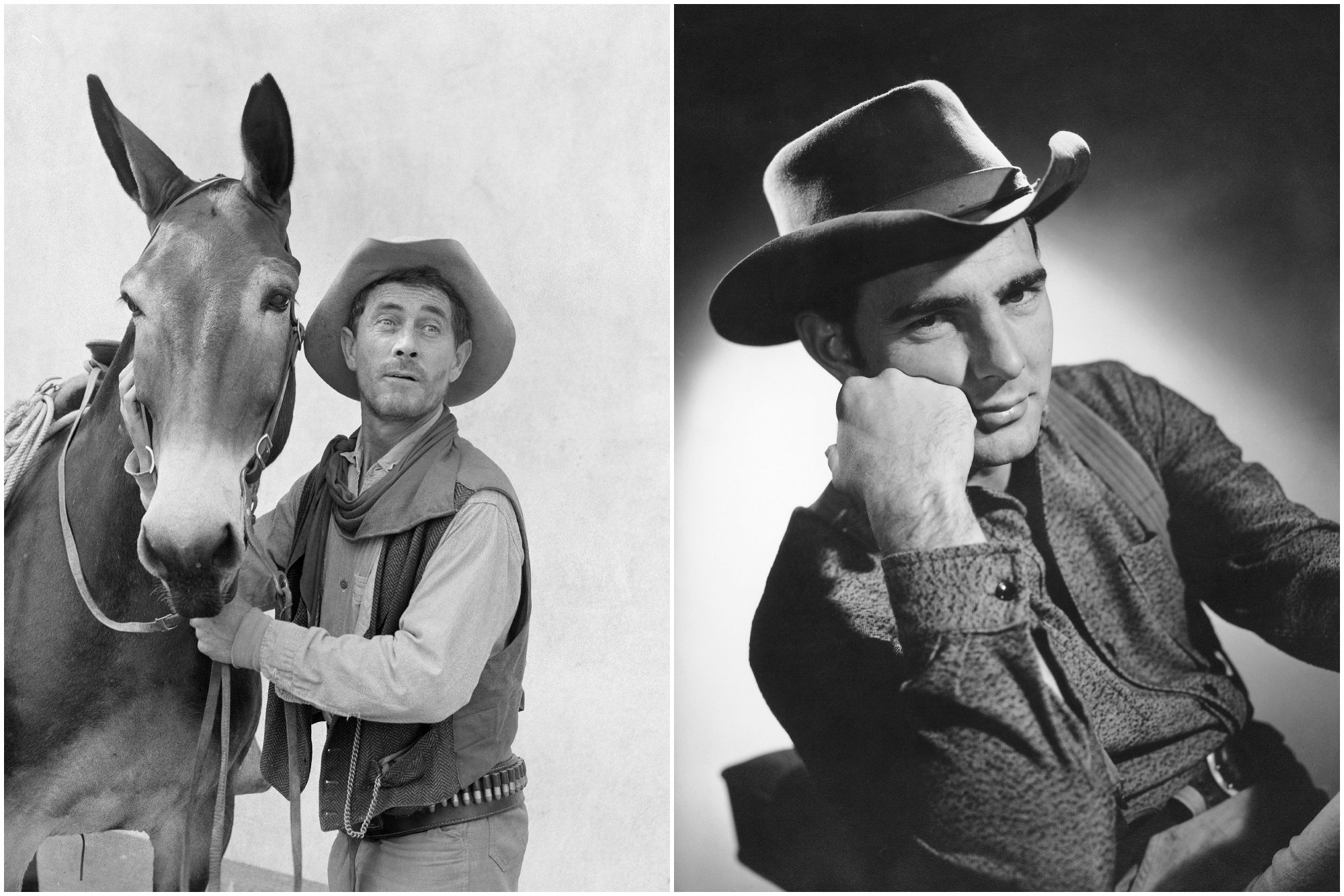 'Gunsmoke' Ken Curtis as Festus and Dennis Weaver as Chester. Curtis is standing next to his horse, holding onto the reins. Weaver is leaning his face against his fist, looking at the camera.