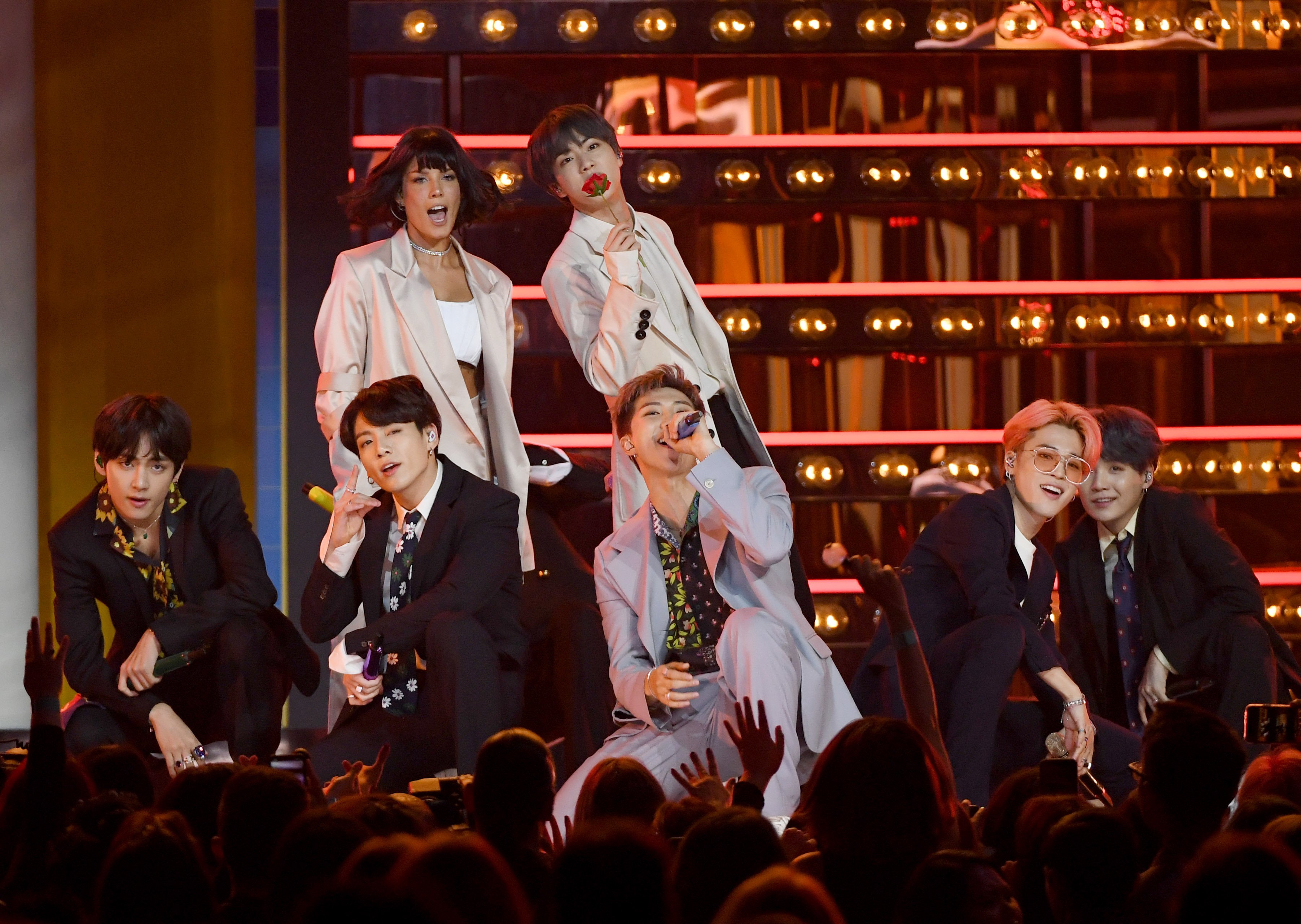 Halsey and BTS perform during the 2019 Billboard Music Awards at MGM Grand Garden Arena