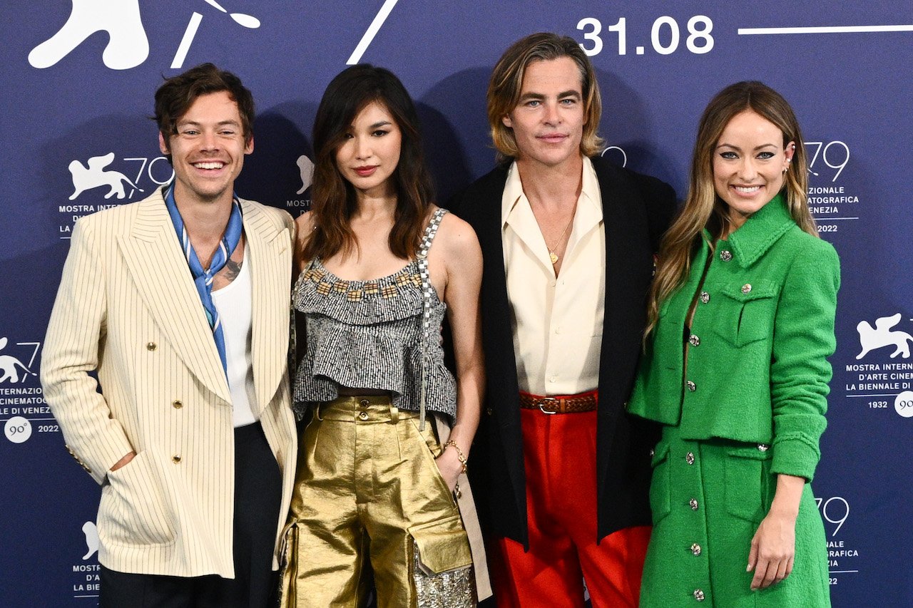 (L-R) Harry Styles, Gemma Chan, Chris Pine, and Olivia Wilde attend the photocall for "Don't Worry Darling" at the 79th Venice International Film Festival on September 05, 2022, in Venice, Italy.