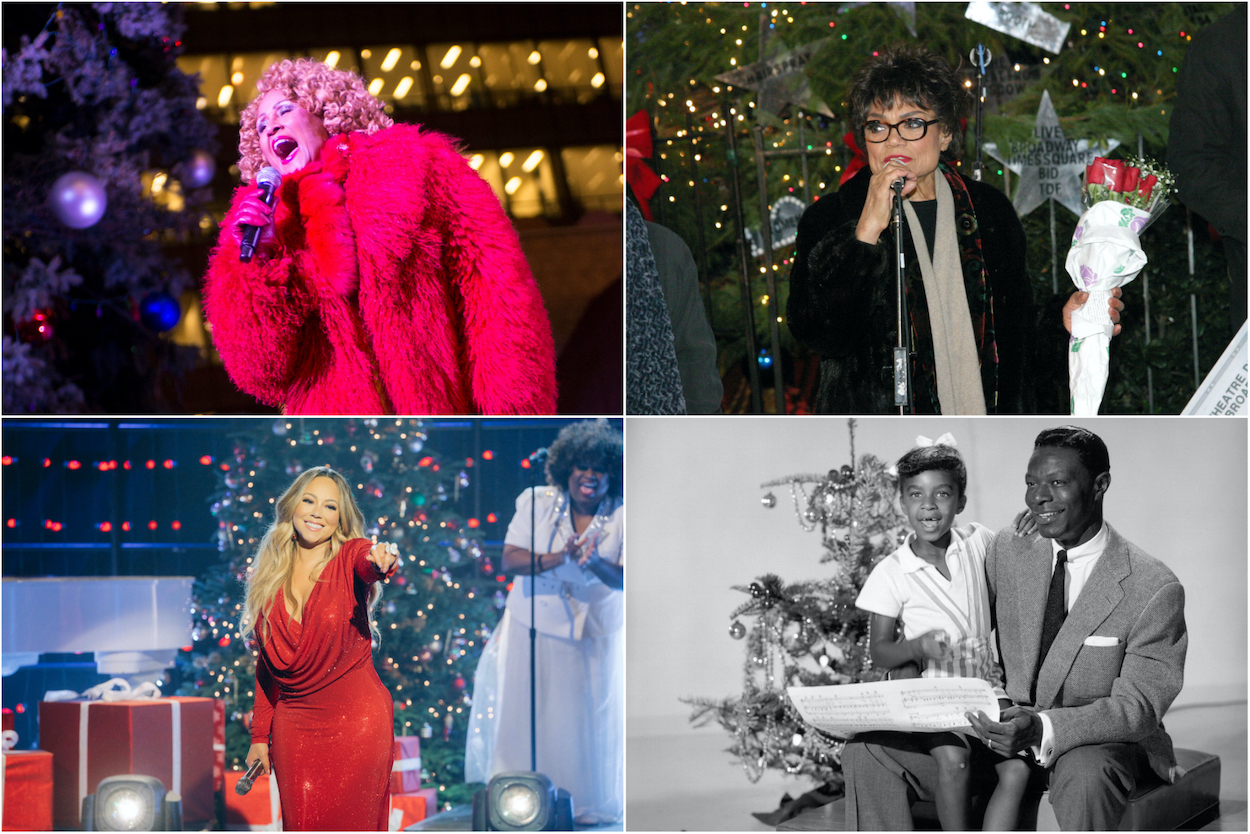 Darlene Love (clockwise from top left), Eartha Kitt, Nat King Cole, and Mariah Carey join the holiday playlist curated by the Showbiz Cheat Sheet music writers.