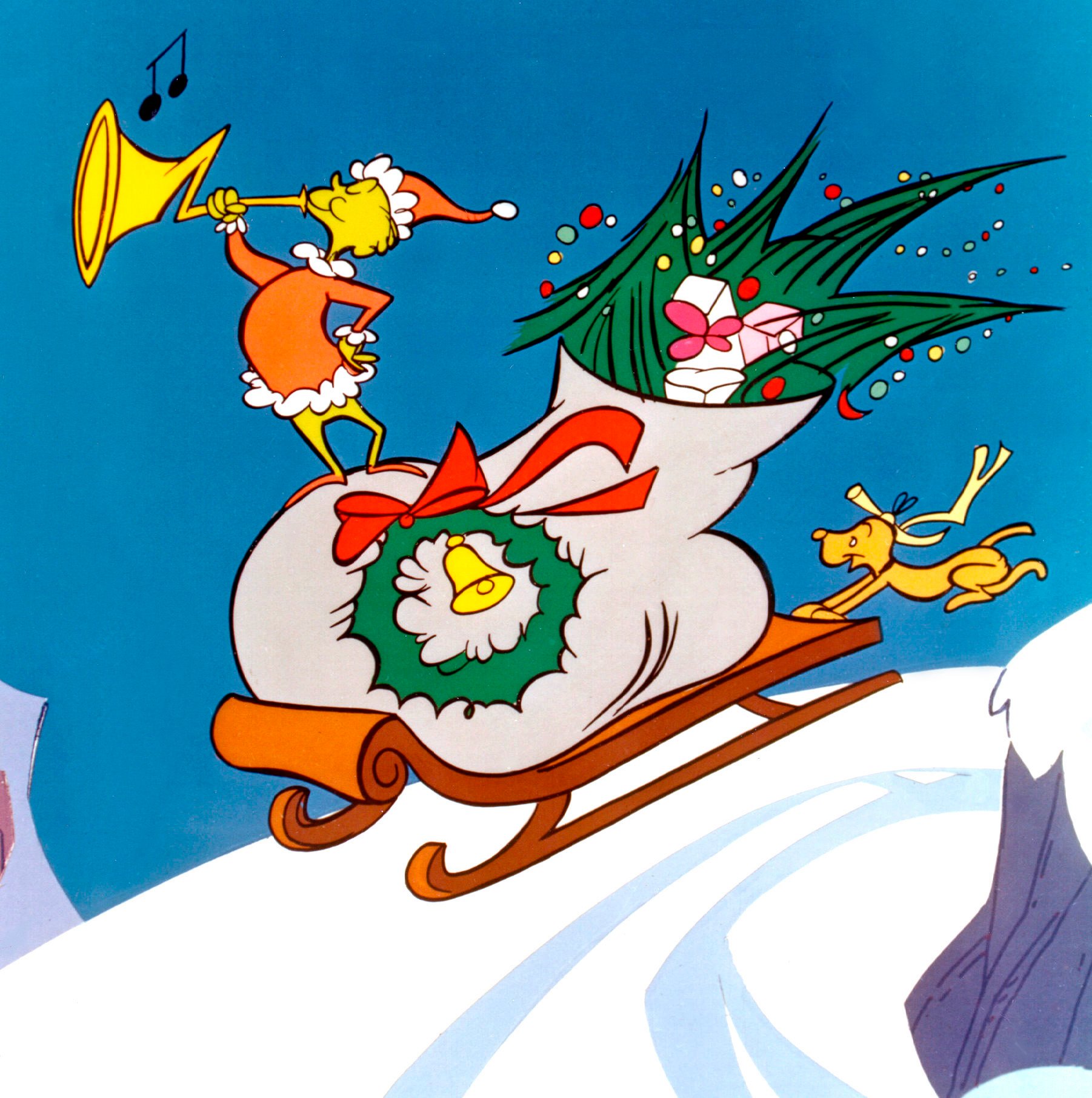 The Grinch on his sled in the 1966 version of 'How the Grinch Stole Christmas'