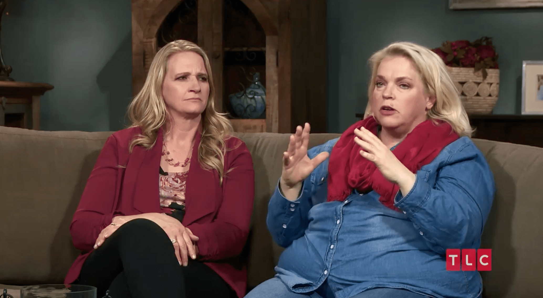 Christine Brown and Janelle Brown sitting together on a couch for a ‘Sister Wives’ interview on TLC.