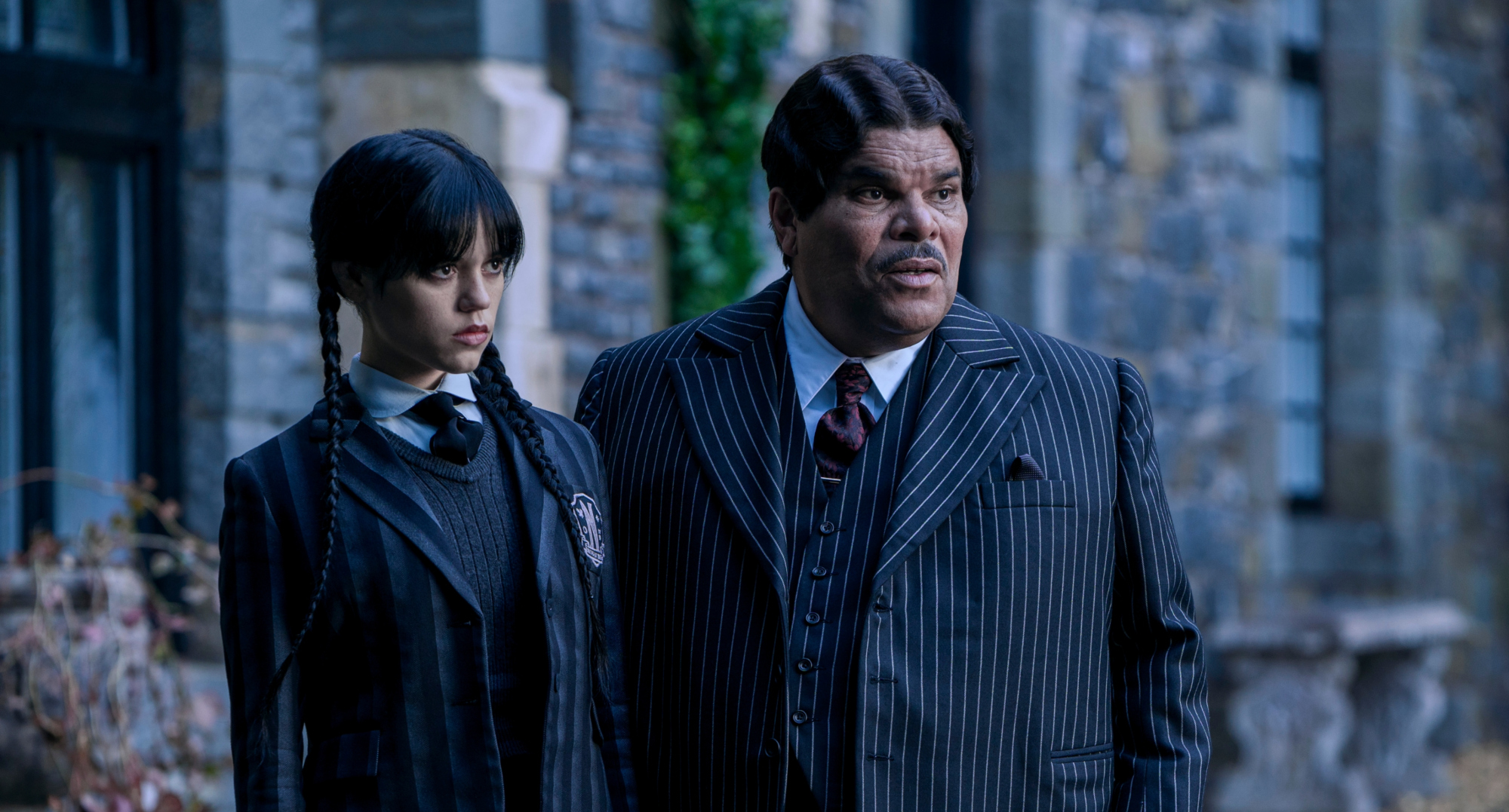 Jenna Ortega and Luis Guzmán in the Addams family series 'Wednesday'.