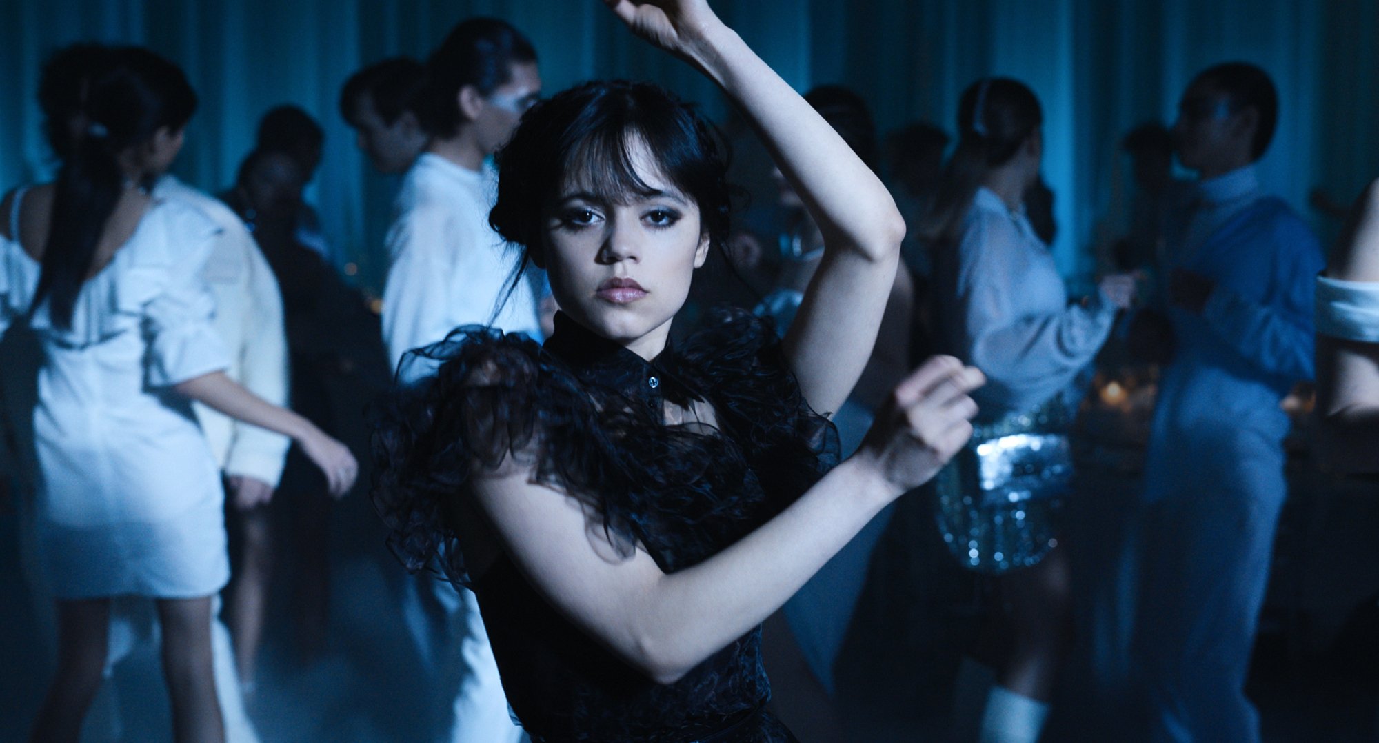 Jenna Ortega as Wednesday performing the dance scene at the Rave'N in 'Wednesday.'