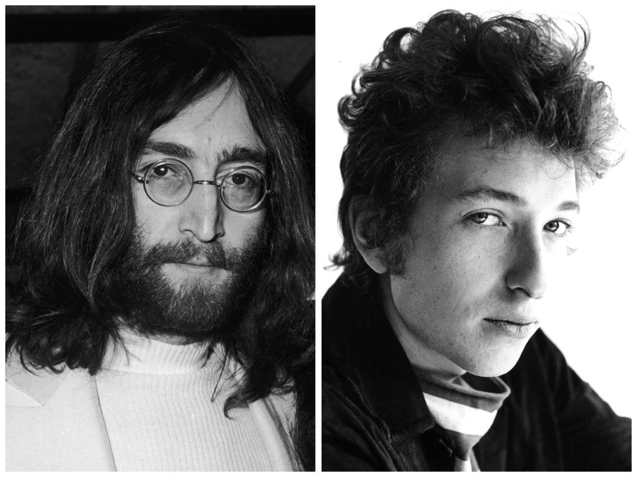 A black and white picture of John Lennon wearing glasses and a white turtleneck. Bob Dylan wears a striped turtleneck.