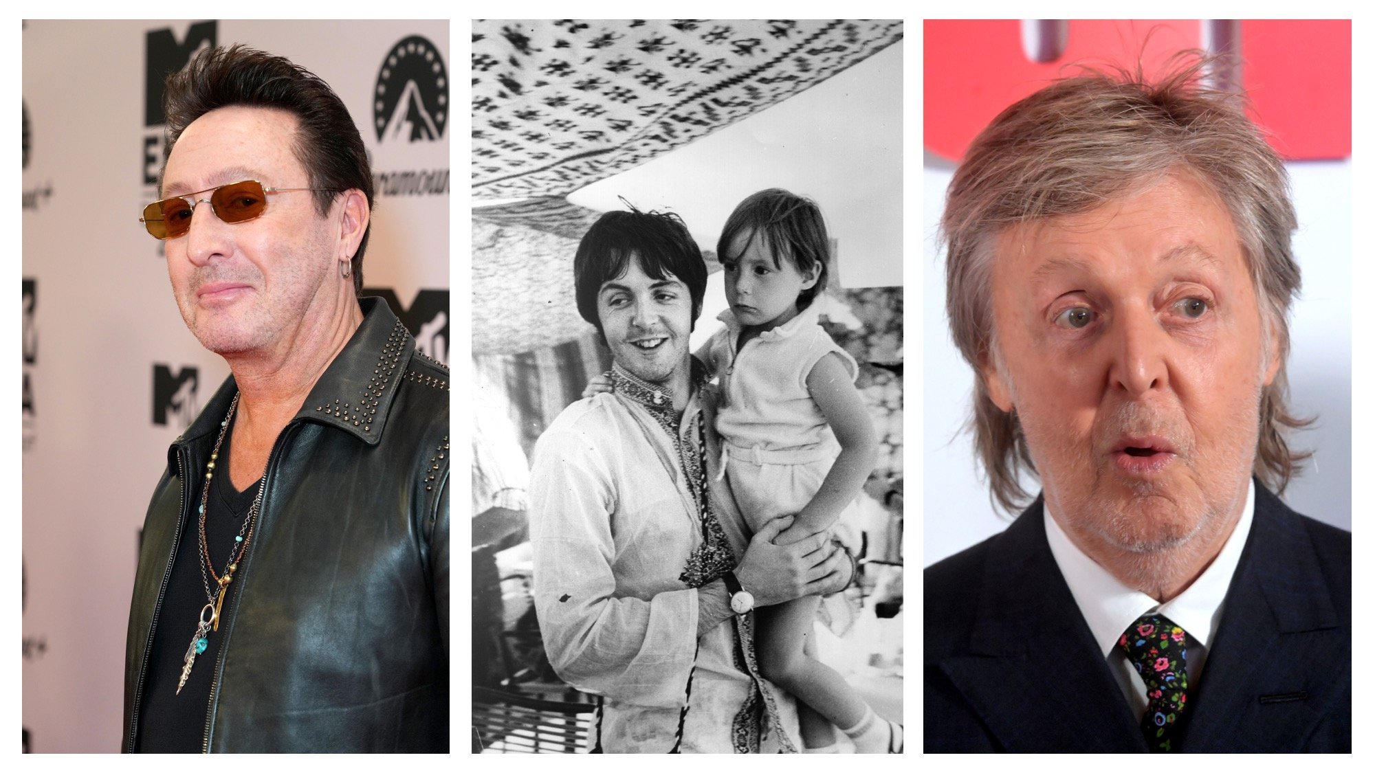 (L) Julian Lennon at the MTV Europe Music Awards 2022 (C) Paul McCartney holds Julian Lennon as a child, c. 1967 (R) Paul McCartney at the UK Premiere of "The Beatles: Get Back" at Cineworld Empire on November 16, 2021.