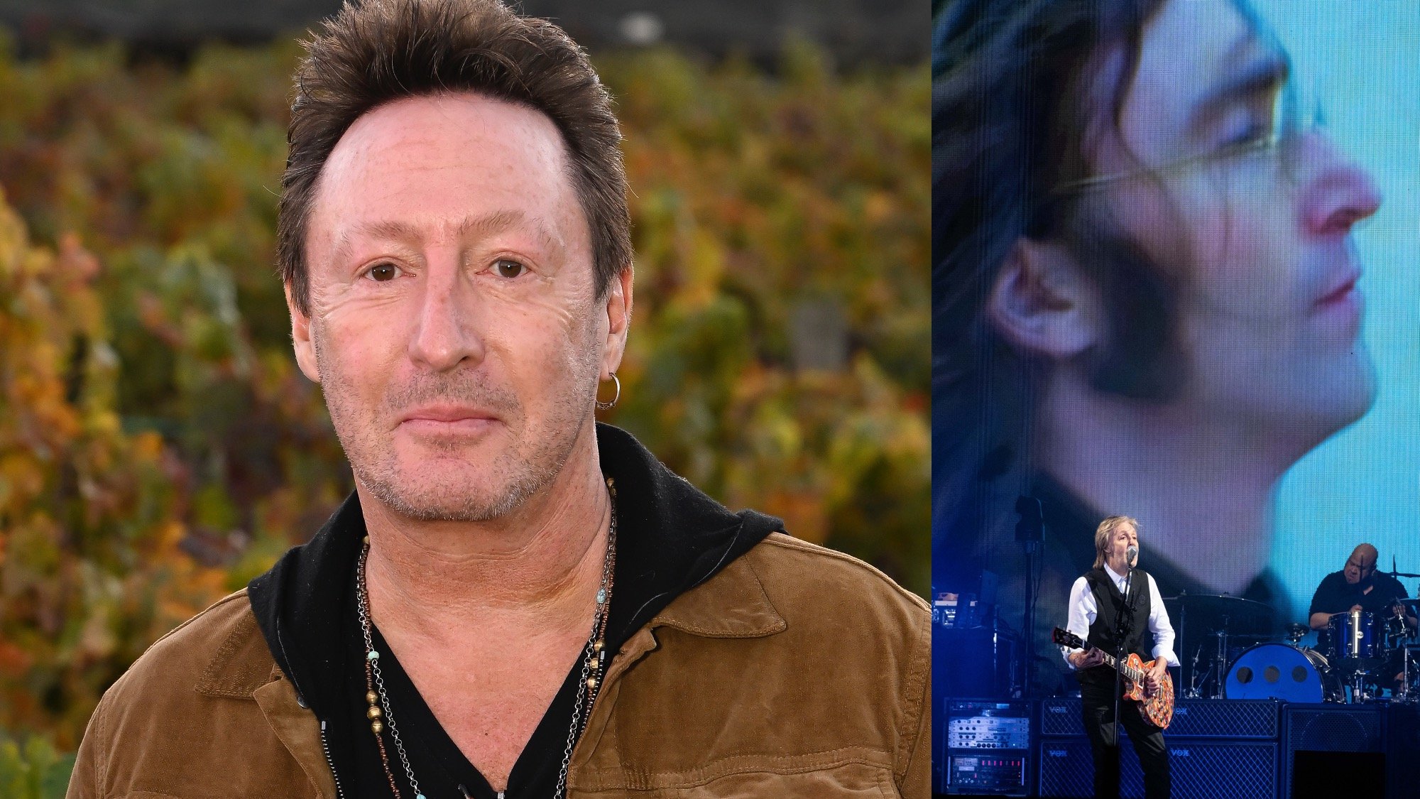 (L) Julian Lennon attends Day 1 of Live In The Vineyard at Robert Mondavi Winery on November 01, 2022. (R) Paul McCartney performs on The Pyramid Stage during day four of Glastonbury Festival at Worthy Farm, Pilton on June 25, 2022.