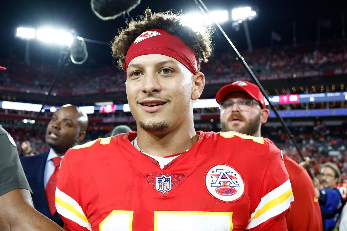 Kansas City Chiefs quarterback Patrick Mahomes, who dressed up with his family for Halloween, smiles after defeating the Tampa Bay Buccaneers