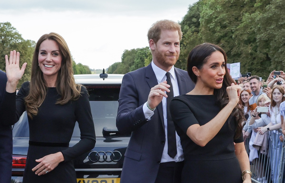 Kate Middleton, Meghan Markle, and Prince Harry wave to crowd on the long Walk at Windsor Castle 
