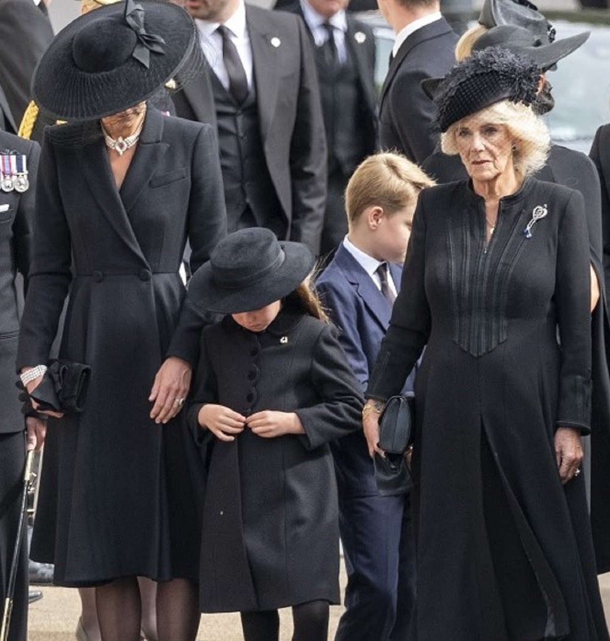 Kate Middleton, Princess Chatlotte, and Camilla Parker Bowles arrive at Wellington Arch from Westminster Abbey