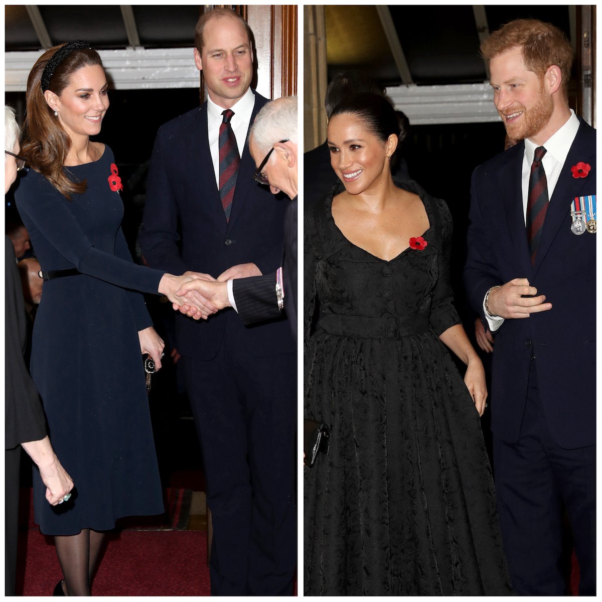 Kate Middleton and Prince William, who according to a body language expert appeared 'happier' than Prince Harry and Meghan Markle at the 2019 Festival of Remembrance greet people; Meghan Markle and Prince Harry smile at the 2019 Festival of Remembrance