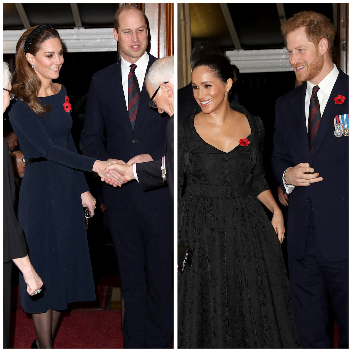 Kate Middleton and Prince William, who according to a body language expert appeared 'happier' than Prince Harry and Meghan Markle at the 2019 Festival of Remembrance greet people; Meghan Markle and Prince Harry smile at the 2019 Festival of Remembrance 