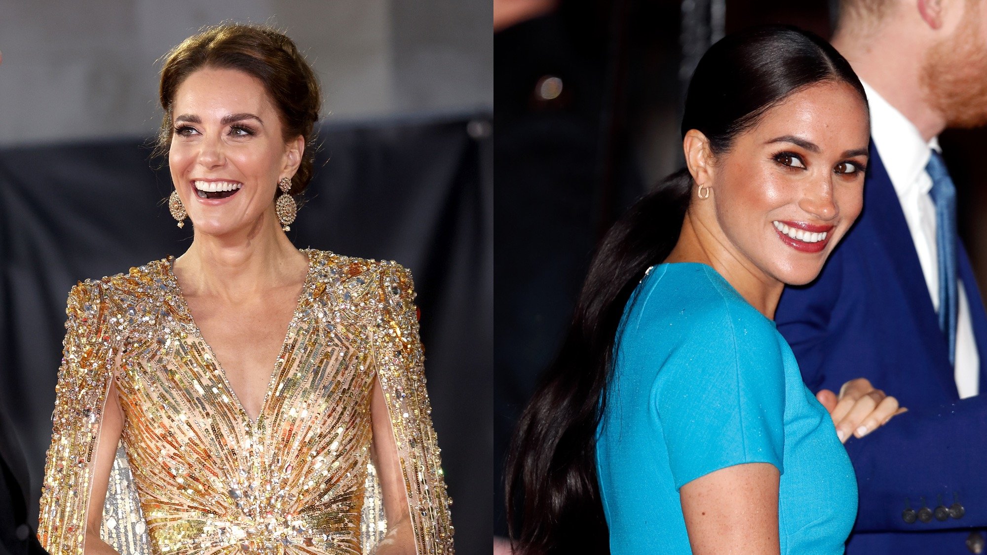 (L) Kate Middleton attends the "No Time To Die" World Premiere at Royal Albert Hall on September 28, 2021, in London, England. (R) Meghan Markle attends The Endeavour Fund Awards at Mansion House on March 5, 2020 in London, England. A body language expert noticed a 'virtual generational difference in their relationships with the camera.'