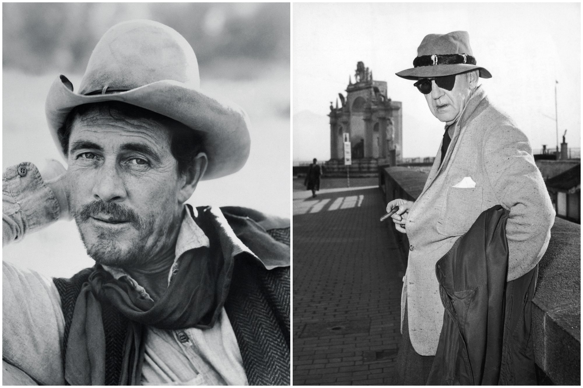 Ken Curtis and John Ford. Curtis is wearing a Western outfit with his hand behind his head. Ford is wearing a coat and holding a cigar, looking off to the side